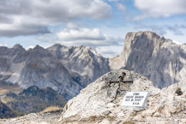 Mount Sasso Bianco, Dolomites,  Alleghe, province of Belluno, Veneto, Italy, Europe. At the top of the mount Sasso Bianco