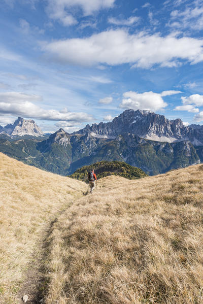 Mount Sasso Bianco, Dolomites,  Alleghe, province of Belluno, Veneto, Italy, Europe. View to Mount Pelmo and Mount Civetta