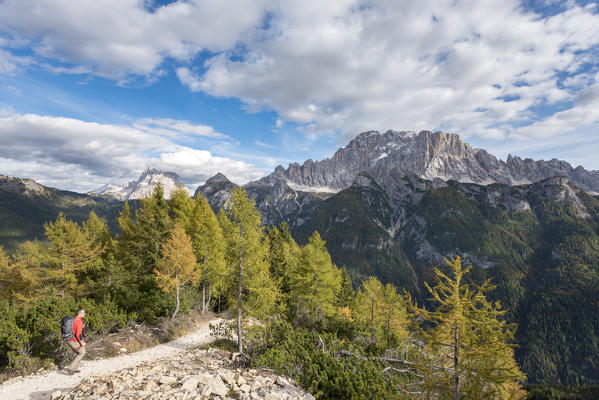 Mount Sasso Bianco, Dolomites,  Alleghe, province of Belluno, Veneto, Italy, Europe. View to Mount Pelmo and Mount Civetta