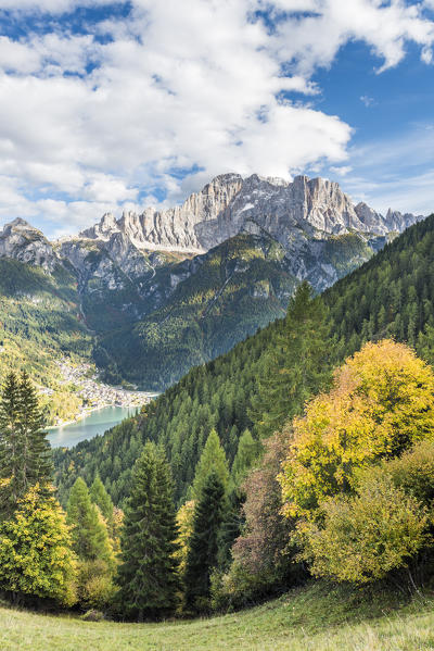 Bramezza, Rocca Pietore, provinze of Belluno, Veneto, Italy, Europe. View from Bramezza to the village Alleghe with its lake. Behind it the Mount Civetta