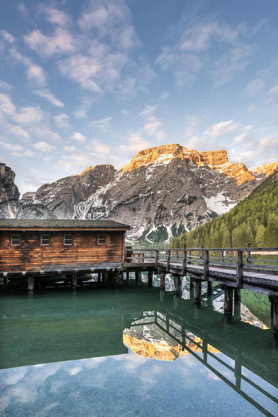 Braies / Prags, Dolomites, South Tyrol, Italy. The Lake Braies / Pragser Wildsee at sunrise