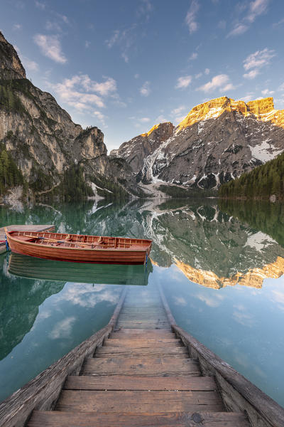 Braies / Prags, Dolomites, South Tyrol, Italy. The Lake Braies / Pragser Wildsee at sunrise