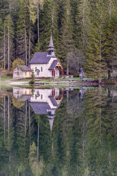 Braies / Prags, Dolomites, South Tyrol, Italy. The chapel on the Lake Braies