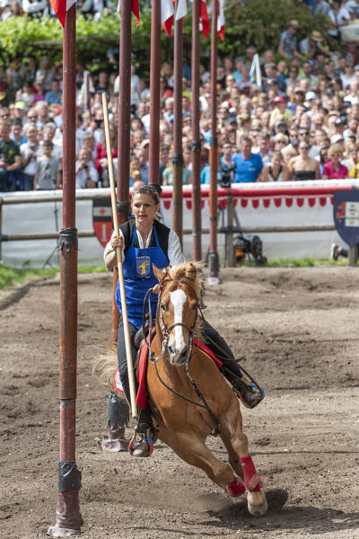 Presule, South Tyrol, Italy. The ride through posts at Castle Presule. Neither horse nor rider may touch the posts