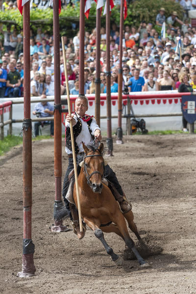 Presule, South Tyrol, Italy. The ride through posts at Castle Presule. Neither horse nor rider may touch the posts