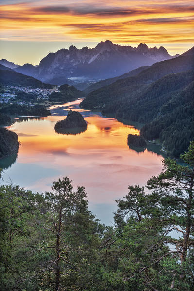 Pieve di Cadore, province of Belluno, Veneto, Italy, Europe. The Lake di Centro Cadore at sunrise