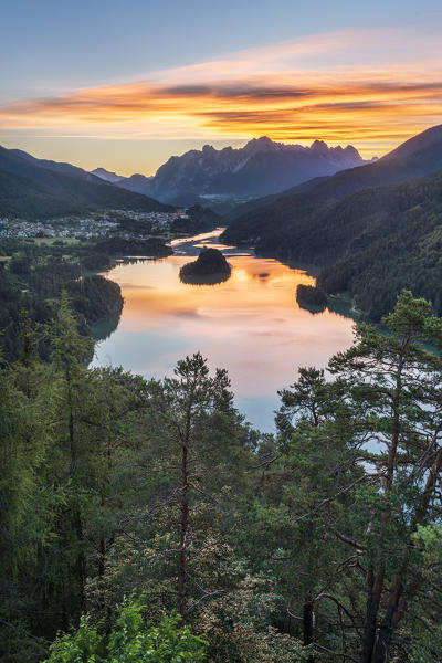 Pieve di Cadore, province of Belluno, Veneto, Italy, Europe. The Lake di Centro Cadore at sunrise