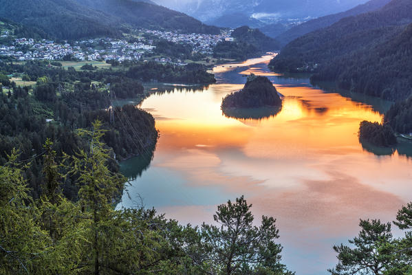 Pieve di Cadore, province of Belluno, Veneto, Italy, Europe. The Lake di Centro Cadore at sunrise