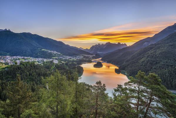 Pieve di Cadore, province of Belluno, Veneto, Italy, Europe. The Lake di Centro Cadore at sunrise