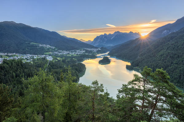 Pieve di Cadore, province of Belluno, Veneto, Italy, Europe. The Lake di Centro Cadore at sunrise