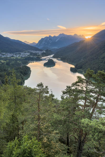 Pieve di Cadore, province of Belluno, Veneto, Italy, Europe. The Lake di Centro Cadore at sunrise