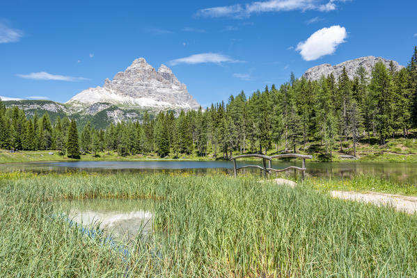 Misurina, Dolomites, province of Belluno, Veneto, Italy. The lake Antorno with Tre Cime in the background