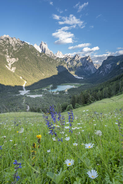 Dobbiaco/Toblach, Dolomites, South Tyrol, Italy. The lake Dobbiaco with the peaks of Croda dei Baranci and Croda Bagnata.