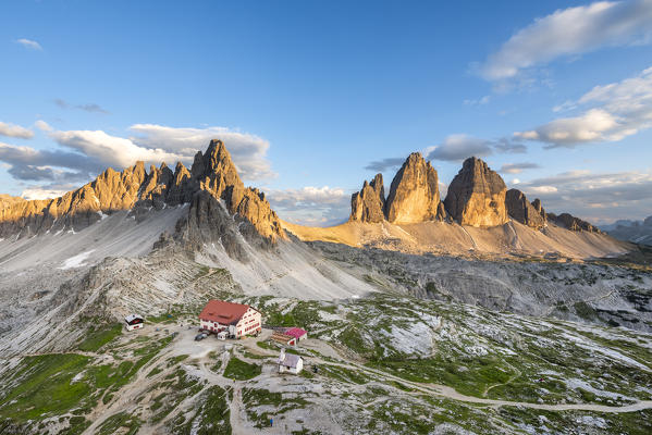 Sesto / Sexten, province of Bolzano, Dolomites, South Tyrol, Italy. Sunset at the Tre Cime di Lavaredo