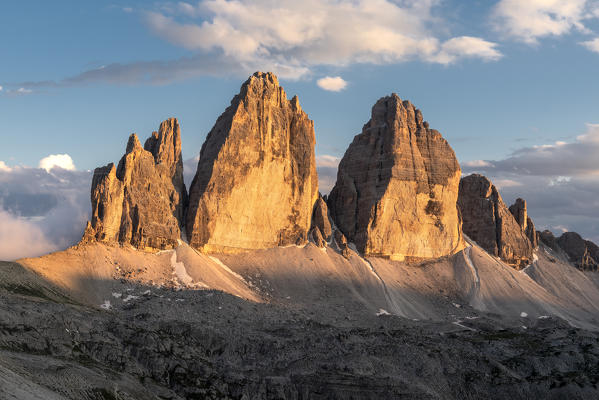 Sesto / Sexten, province of Bolzano, Dolomites, South Tyrol, Italy. Sunset at the Tre Cime di Lavaredo