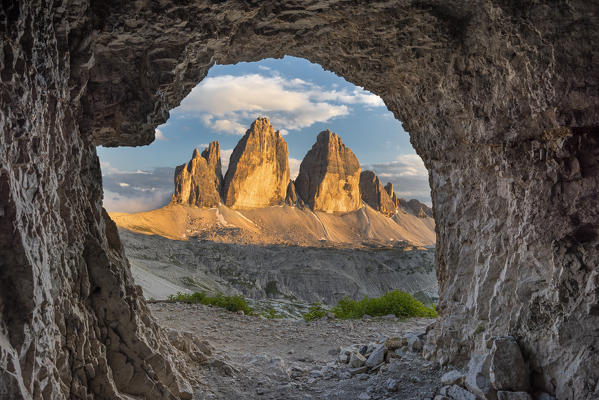 Sesto / Sexten, province of Bolzano, Dolomites, South Tyrol, Italy. Sunset at the Tre Cime di Lavaredo