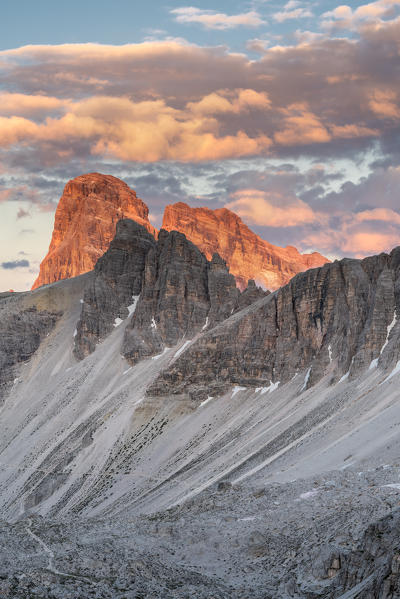 Sesto / Sexten, province of Bolzano, Dolomites, South Tyrol, Italy. Sunset at the Croda dei Toni