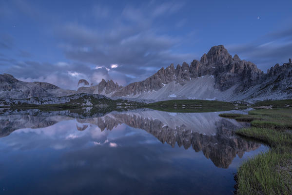 Sesto / Sexten, province of Bolzano, Dolomites, South Tyrol, Italy. Dusk at the lakes Piani