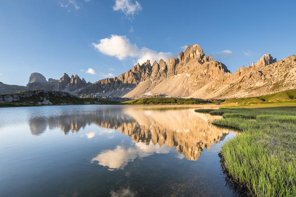 Sesto / Sexten, province of Bolzano, Dolomites, South Tyrol, Italy. Sunrise at the lake Piani and the Mount Paterno