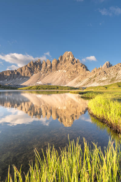 Sesto / Sexten, province of Bolzano, Dolomites, South Tyrol, Italy. Sunrise at the lake Piani and the Mount Paterno