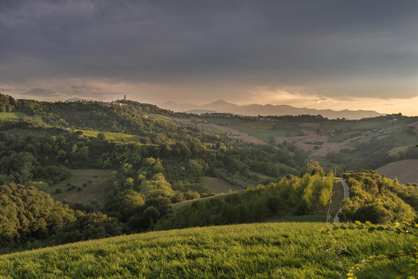 Montotto, Monterubbiano, province of Fermo, Marche, Italy, Europe. Sunset in the hills around the village of Petritoli