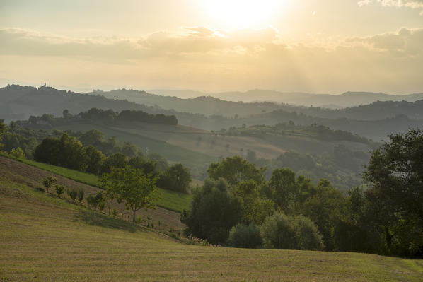 Montotto, Monterubbiano, province of Fermo, Marche, Italy, Europe. Hazy sunset in the hills around the village of Petritoli