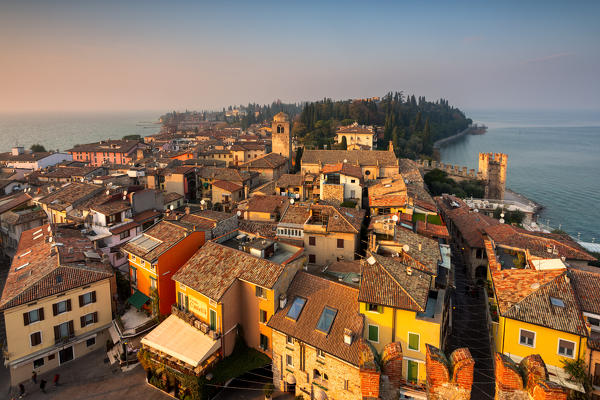 Sirmione seen from the Scaligero castle at sunset, Brescia province, Lombardy district, Italy.