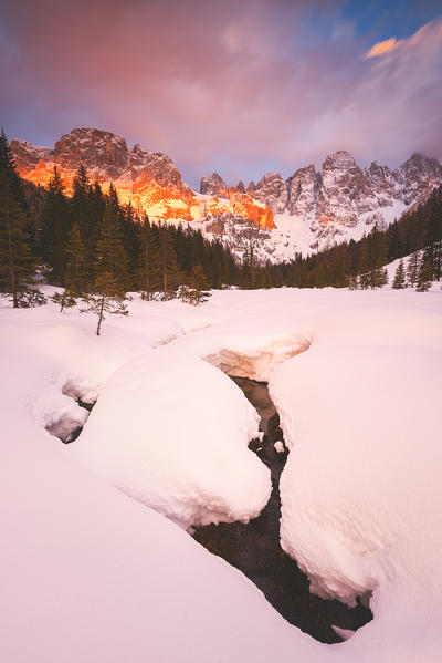 Sunset on the Pale di San Martino, Val Venegia, Trento province, Trentino Alto Adige, Italy, Europe