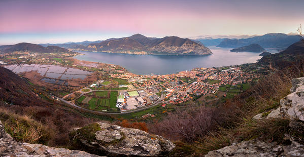 Panoramic lake of iseo lake in Brescia province, Lombardy district, Italy, Europe.