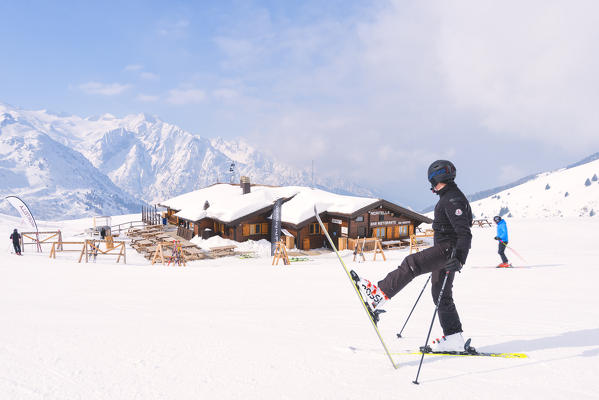 Skiing in Ponte di Legno - Tonale, Adamello ski area in Lombardy district, Brescia province, Italy.