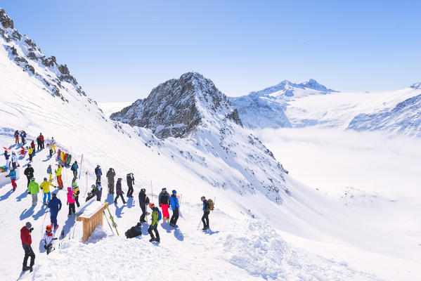 Skiing in Ponte di Legno - Tonale, Adamello ski area in Lombardy district, Brescia province, Italy.