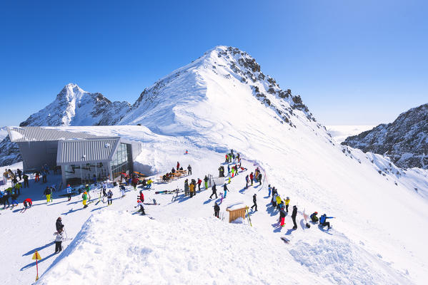 Skiing in Ponte di Legno - Tonale, Adamello ski area in Lombardy district, Brescia province, Italy.