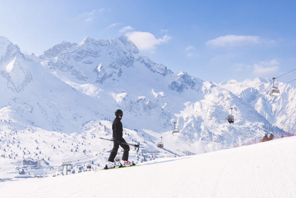 Skiing in Ponte di Legno - Tonale, Adamello ski area in Lombardy district, Brescia province, Italy.