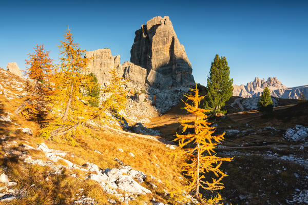 Cinque torri at sunset in Autumn season, Cortina d'Ampezzo, Belluno province, Veneto, Italy