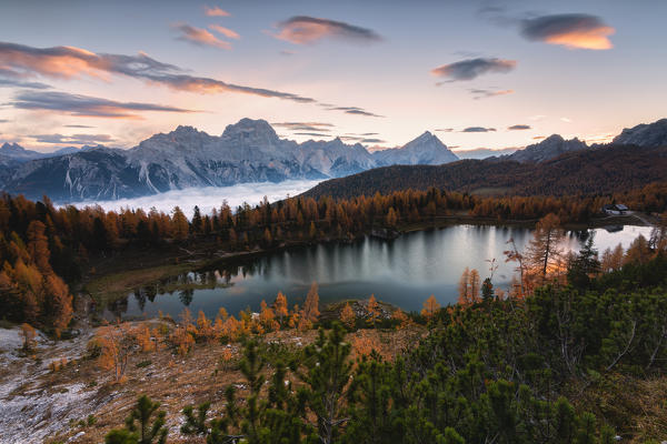 Federa lake panoramic view at dawn, Cortina d'Ampezzo, Belluno province, Veneto, Italy