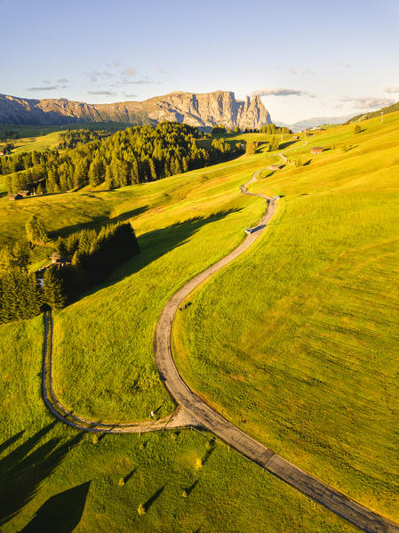 Aerial view of Seiser alm in Autumn season in Trentino Alto Adige, Italy, Europe 