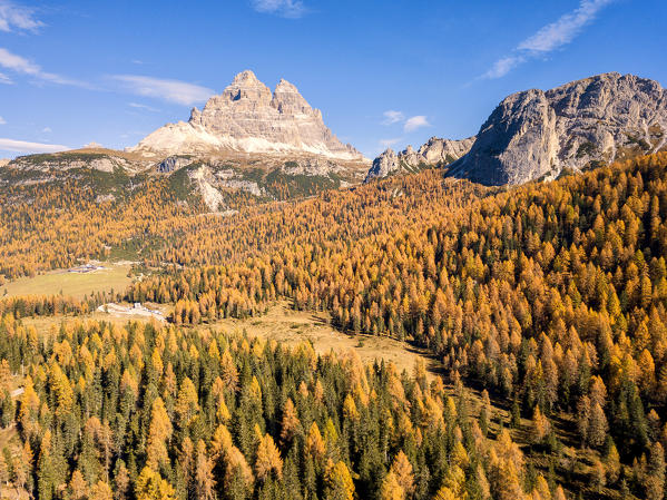 Aerial view of Three Peaks of Lavaredo, VEneto, Belluno province, Italy