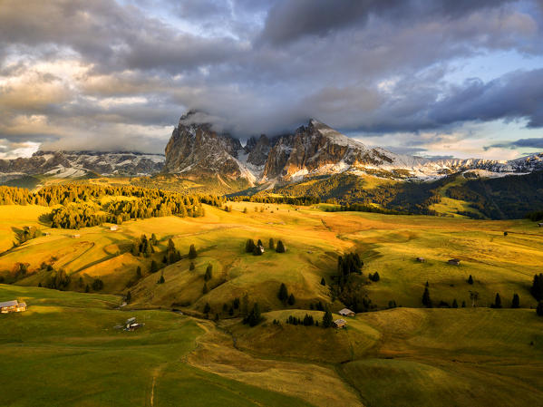 Aerial view of Seiser alm in Autumn season in Trentino Alto Adige, Italy, Europe 