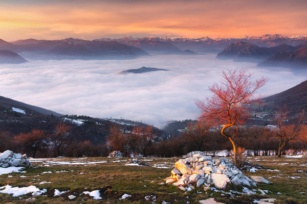 Iseo lake under the fog in Autumn season at sunset, Lombardy district, Brescia province, Italy, Europe