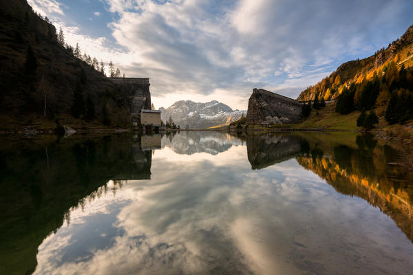 Gleno dam in Orobie alps at dawn, Lombardy district, Bergamo province, Italy, Europe