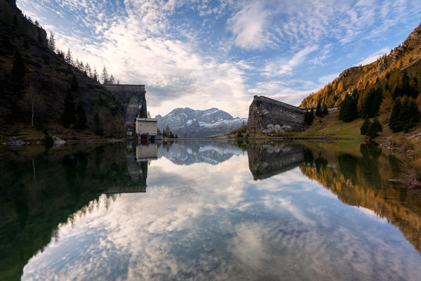 Gleno dam in Orobie alps at dawn, Lombardy district, Bergamo province, Italy, Europe