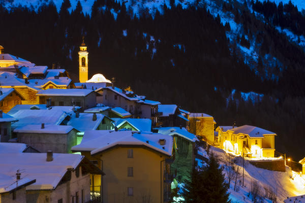 Blue hour in Pezzo, a fraction of Ponte di Legno, Vallecamonica, Brescia province, Lombardy district, Italy, Europe