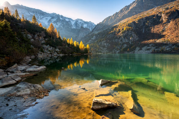 Autumn season in Aviolo lake in Adamello park, Lombardy district, Brescia province, Italy, Europe