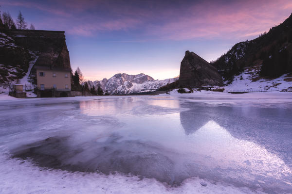 Gleno dam at thaw, Lombardy district, Bergamo province, Italy, Europe