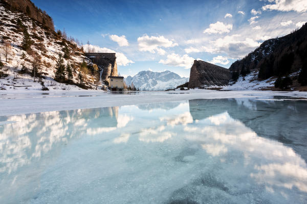 Gleno dam at thaw, Lombardy district, Bergamo province, Italy, Europe