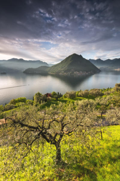 Monte Isola view at sunset from Sulzano, Brescia province, Italy, Lombardy district, Europe