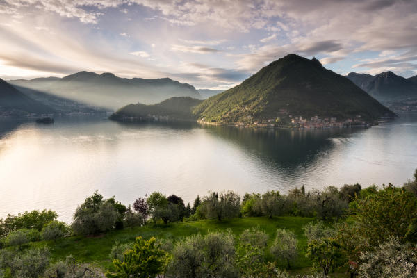 Monte Isola view at sunset from Sulzano, Brescia province, Italy, Lombardy district, Europe