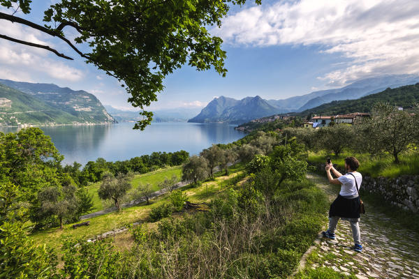 Panoramic view from Monte Isola, Iseo lake, Brescia province, Lombardy, Italy