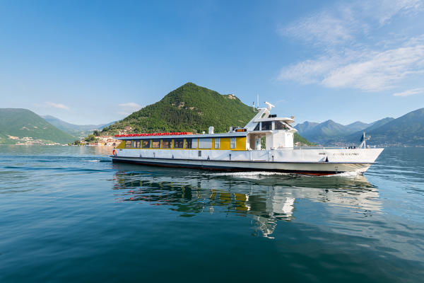 Boats from Sulzano to Montisola In Iseo lake, Brescia province, Lombardy district, Italy