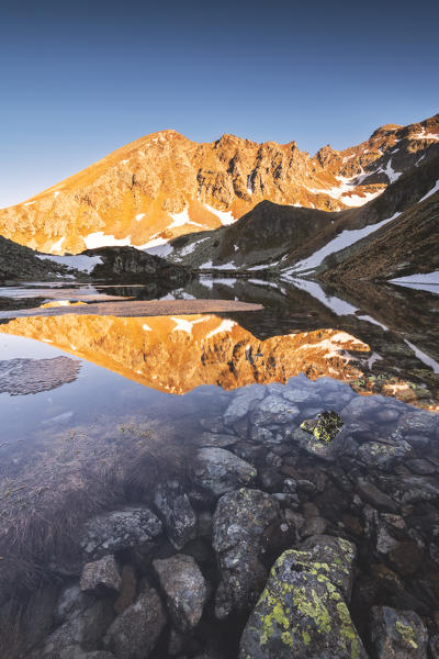 Grom lake at dawn In Stelvio national park, Brescia province, Lombardy district, Italy, Europe